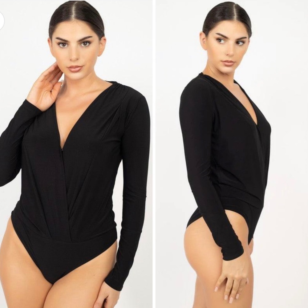 Surplice front long sleeve bodysuit in black
